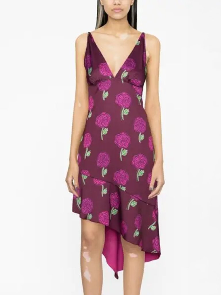Versace Rose Print Asymmetric Satin Dress Nwt Size 4